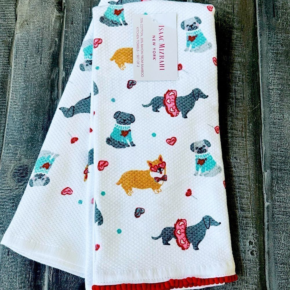 Valentine Dogs Hearts Print Isaac Mizrahi Kitchen Dish Towels